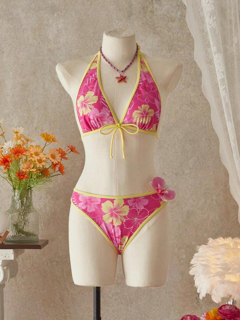 Chic European & American Print Bikini Three-Piece Swimsuit Set
