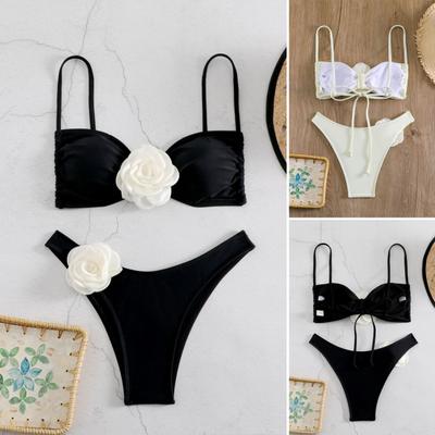 2Pcs/Set Women Sexy Bra High Tube 3D Flower Sling Bikini Set Top Bandeau Waist Briefs