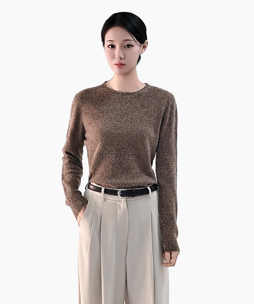 Keulleiseu 100% Wool Heather Round Neck Knit Sweater_Brown