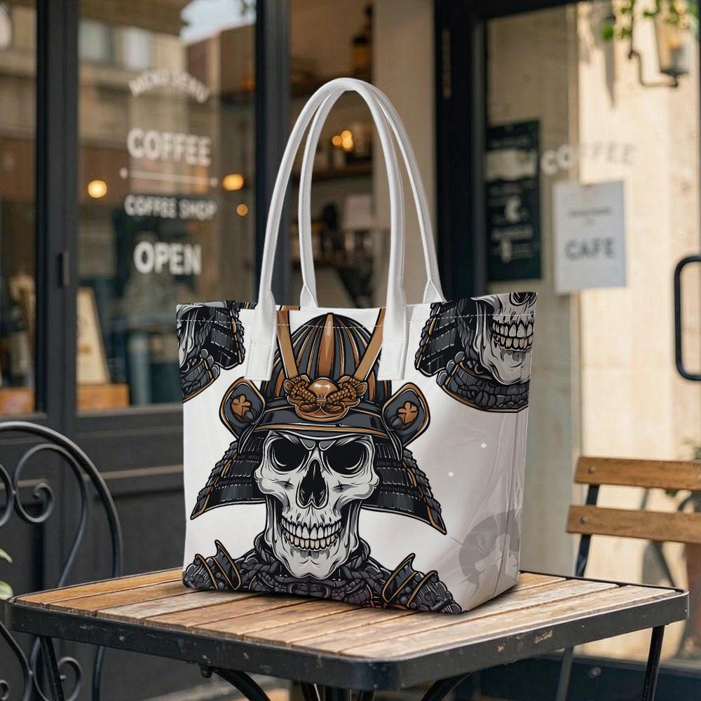 Cool Samurai Skull Print Tote Bag Casual Large Capacity Daily Handbag