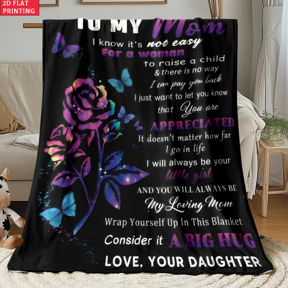 Till Min Mamma Print Flanellduk, Lila Ros Fjäril Varm Pläd, Morsdagspresent från Dotter, Mysig Säng Soffa Filt
