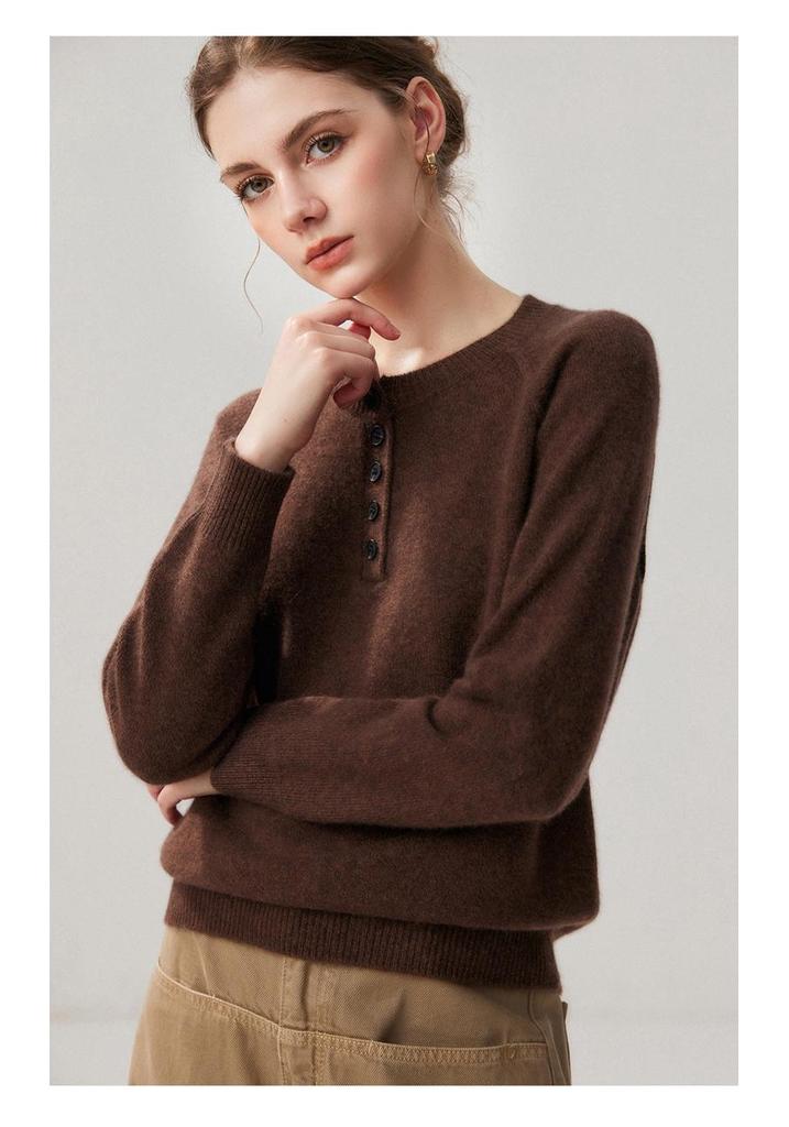 2026 Autumn/Winter Women's Cashmere Heather Knit Sweater - Round Neck, Buttoned, Loose Fit, Warm Base Layer