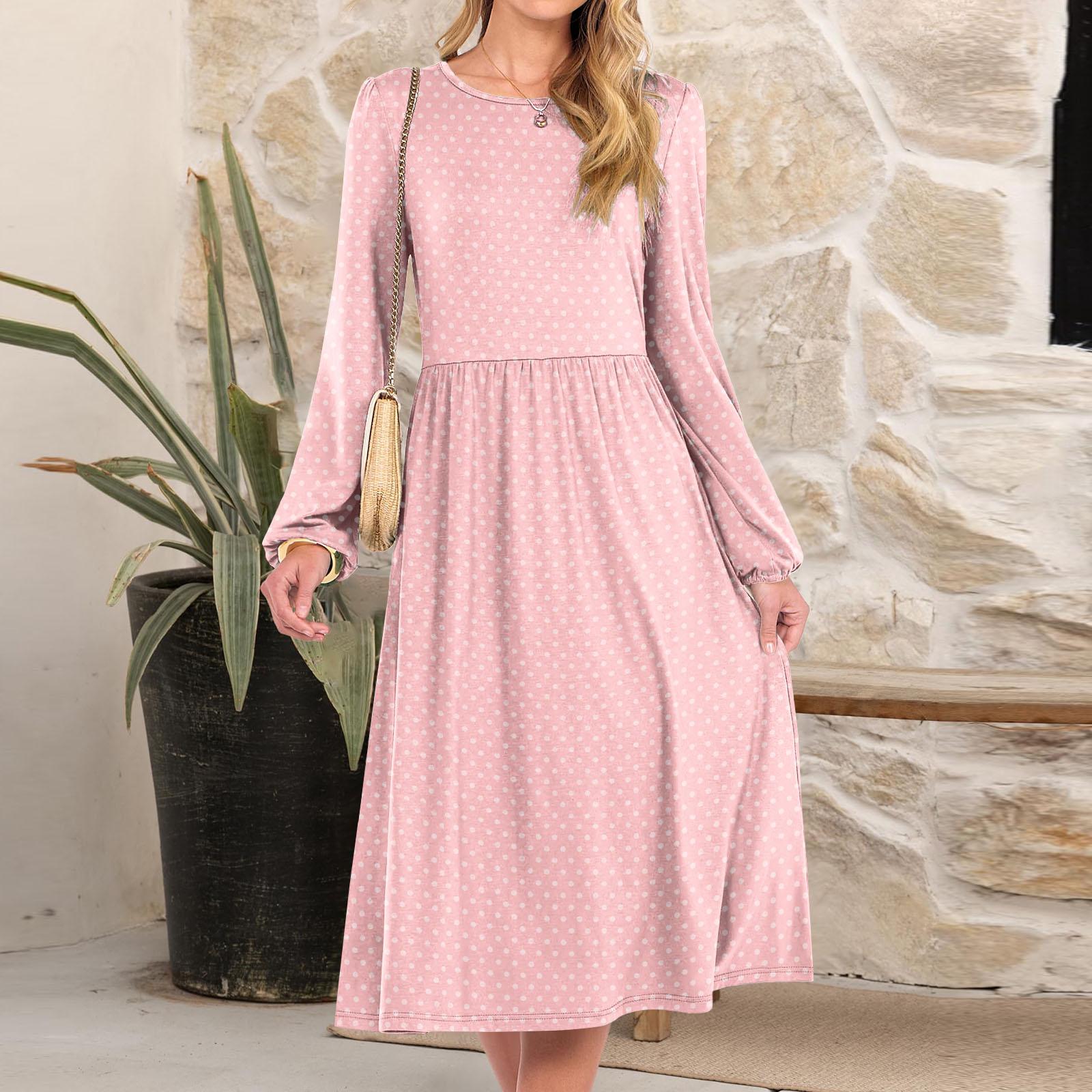 Women s fashionable loose retro printed round-neck dress XL розовый