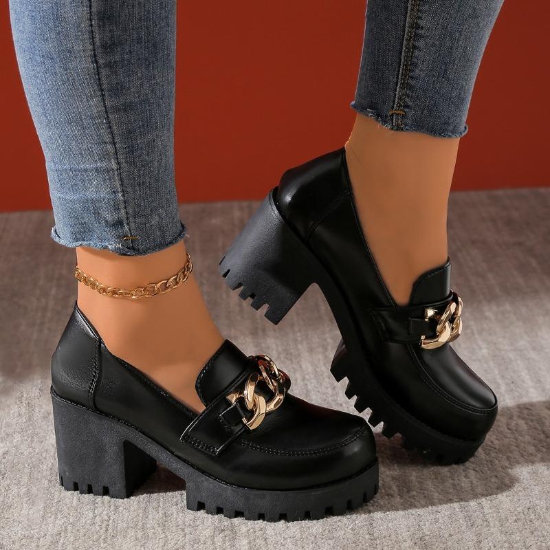 

Women s High Heels Autumn New Round Toe Mid-mouth Metal Chain Platform Non-slip Single Shoes 42