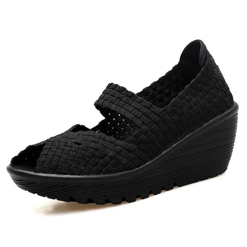 Keilabsatz-Plateau-Websandalen Mode Peep Toe Bequem Atmungsaktiv Mama-Schuhe Damen Casual Dicke Sohle Sandalias Mujer 2024