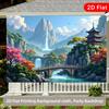 2D Planar Bridge Waterfall Ancient Tower Landscape Background Fabric Suitable for Room Decoration Polyester Fiber