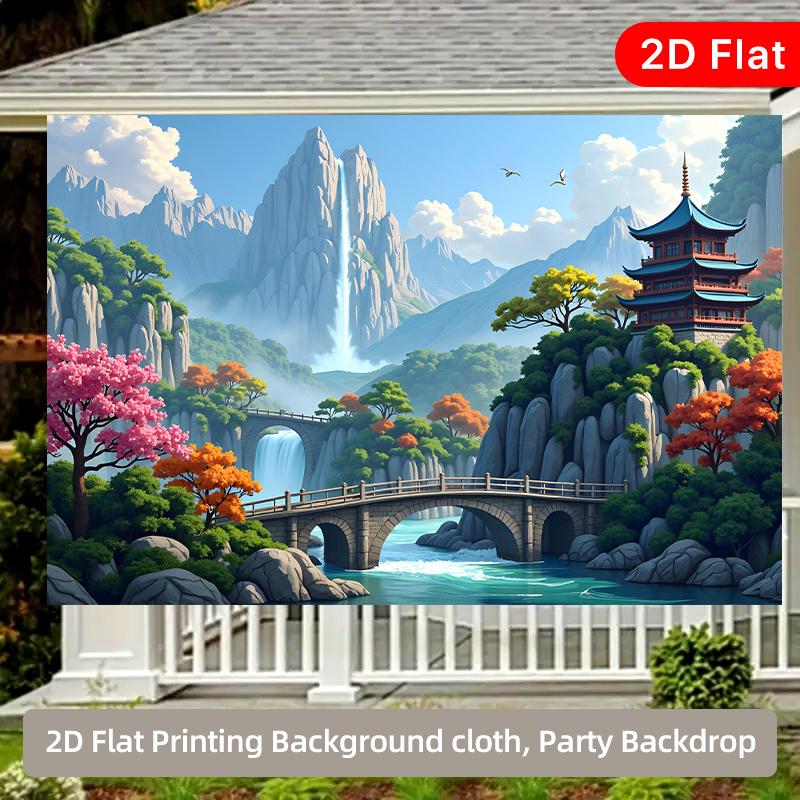 2D Planar Bridge Waterfall Ancient Tower Landscape Background Fabric Suitable for Room Decoration Polyester Fiber