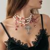 SHIXIN Goth Multi Layer Red Imitation Pearl Choker Necklace for Women Retro Jesus Cross Pendant Necklace Halloween Jewelry Gift