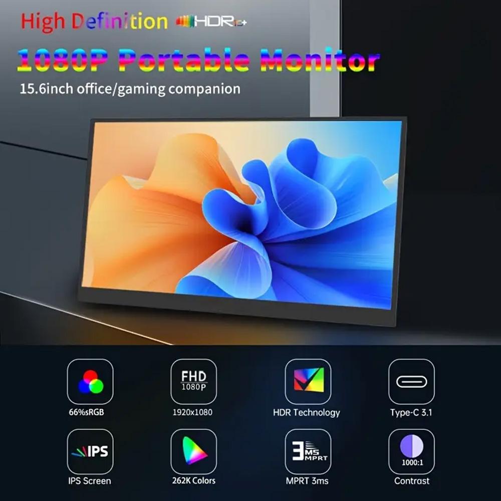 13.5/15.6/16-Inch Portable Monitor IPS Panel USB-C 1080P FHD 60Hz Compatible Travelling Display for PC Laptop Xbox Switch