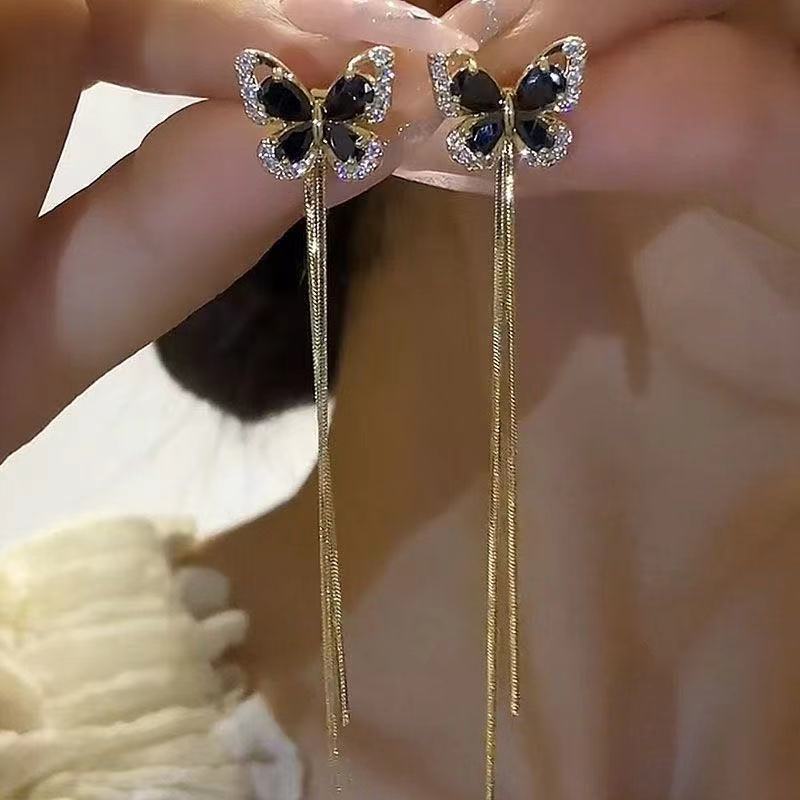 Fashion Butterfly Tassel Earrings for Women Light Luxury Gold Color Long Tassel Zircon Crystal Earring Party Jewelry Accessories