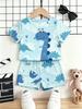 Toddler Boys Cute Blue Cartoon Dinosaur Print 2-Piece Outfit, Summer Casual Clothes for Kids, Perfect for Playwear & Outdoor