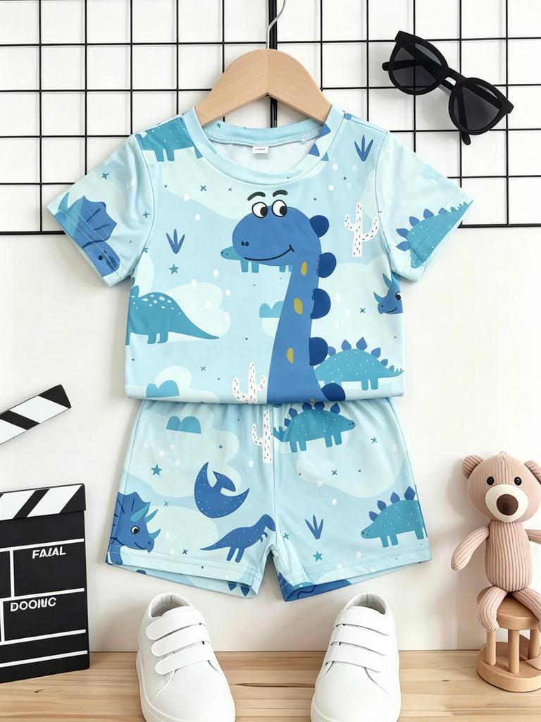 Toddler Boys Cute Blue Cartoon Dinosaur Print 2-Piece Outfit, Summer Casual Clothes for Kids, Perfect for Playwear & Outdoor