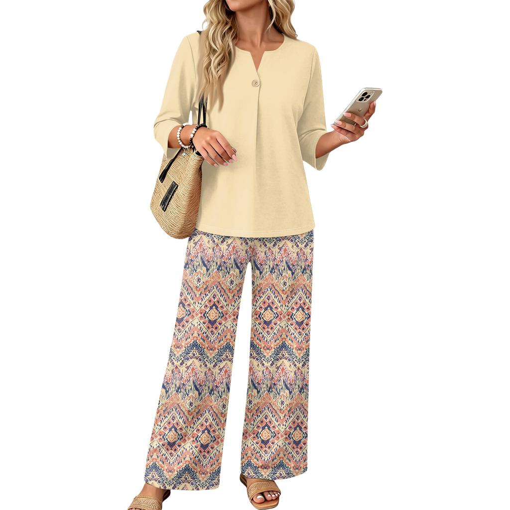 Women's Casual Printed 3/4 Sleeve Button Front Top and Wide Leg Pants 2 Piece Set