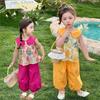 T-Shirt Floral Print Short Sleeve Flip Collar Children Clothes Set Top+Pants Suit  Kids Clothing