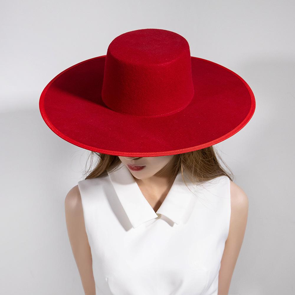 Spring and Autumn Fashion Retro British Ribbon Hemming Flat Top Big Brim Wool Felt Hat Top Hat Big Brim Wide Brim Cold Protection