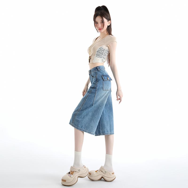 High Quality Retro High Waist Flared Denim Shorts Women Summer Loose Casual Wide Leg Cropped Pants