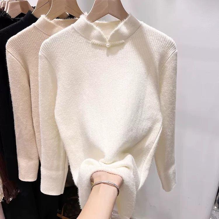 Retro Buckle Chinese Style One-piece Velvet Knitted Sweater for Women Half High Collar Thickened Warm Pullover Casual Velvet Sweater Autumn Winter