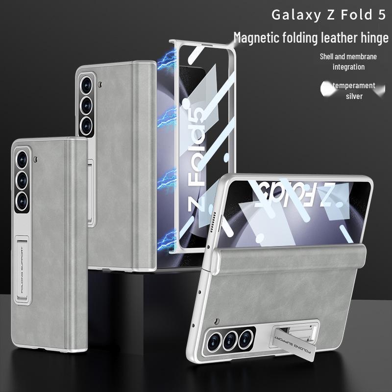 Samsung Z Fold5 Leather Case: Magnetic Hinge, Full Coverage, Stand, Cross-Border Protection