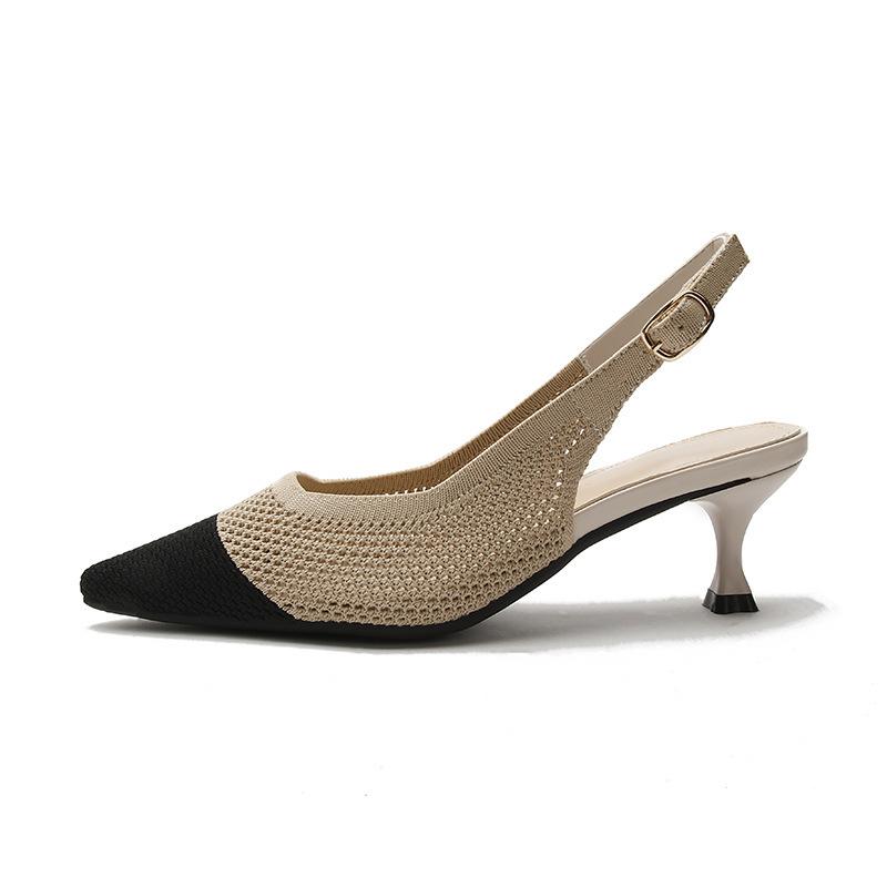 Spring and summer new knitted single shoes women's middle heel pointed breathable woven thin heel back air flying shoes