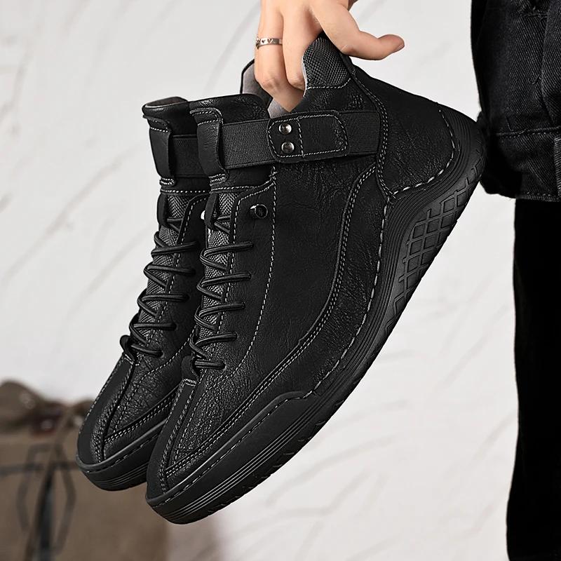 Winter Men Ankle Boots Waterproof Warm Snow Boots with Fur Breathable Leather Mens Winter Casual Shoes High Top Motorcycle Boots