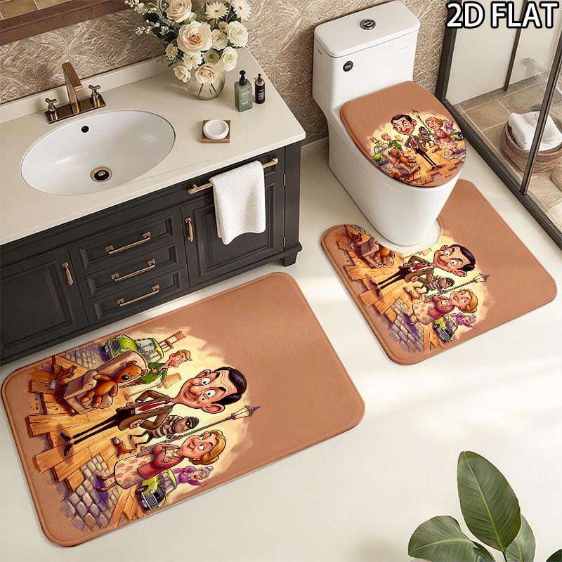 3pcs Mr. Bean Pattern Flannel Nonslip Absorbent Washable Decorative Bathroom Home Toilet Seat Cover Mat