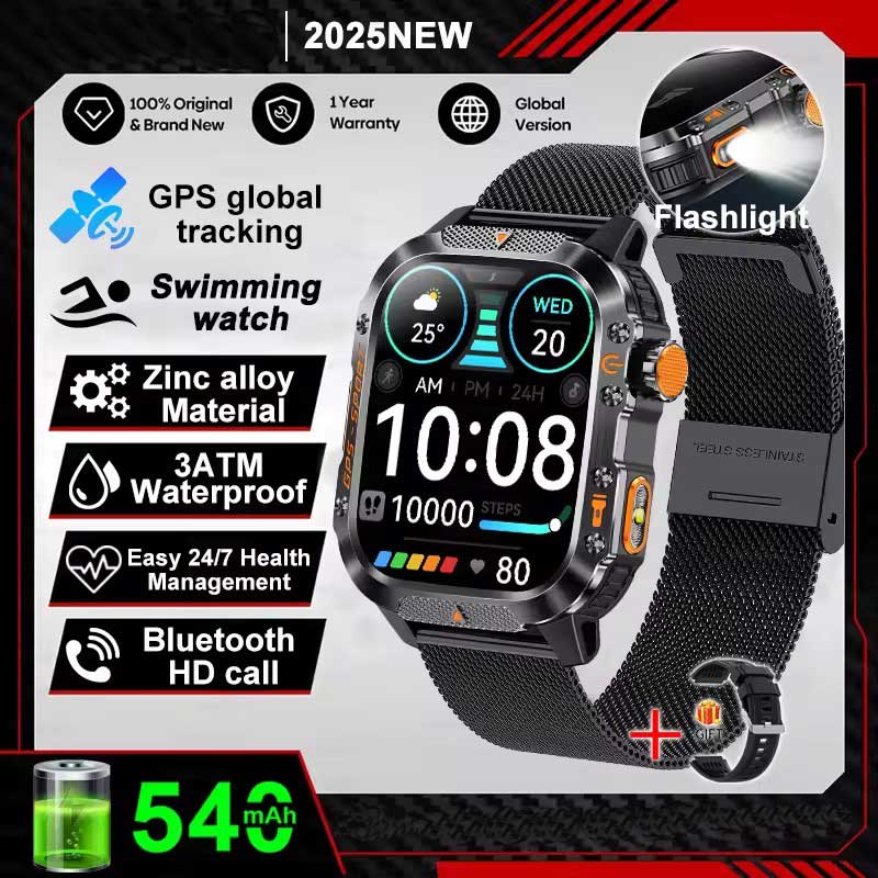 Vojenské chytré hodinky s vestavěným GPS, kompasem, výškoměrem, vodotěsností 3ATM IP69K, AMOLED displejem, Bluetooth voláním, 2,01" chytré hodinky pro Android a iOS