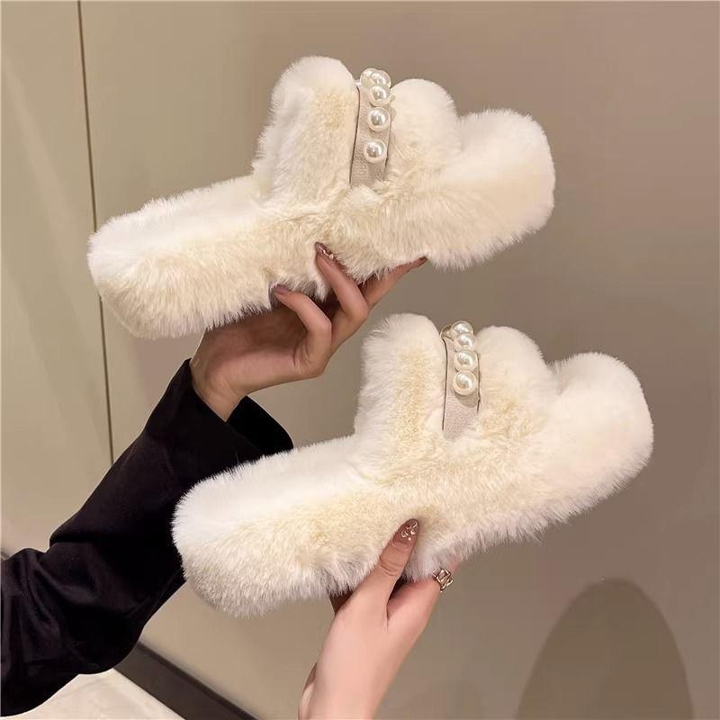 Pearl thick-soled fluffy slippers for women's outer wear 2025 autumn non-slip one-word indoor home fluffy cotton slippers