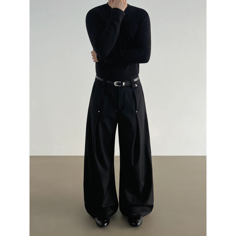 Blaexit Old Money Style Cleanfit Curved Pleated A-Line Dress Pants for Men, Loose Straight-Leg Drape Wide-Leg Trousers