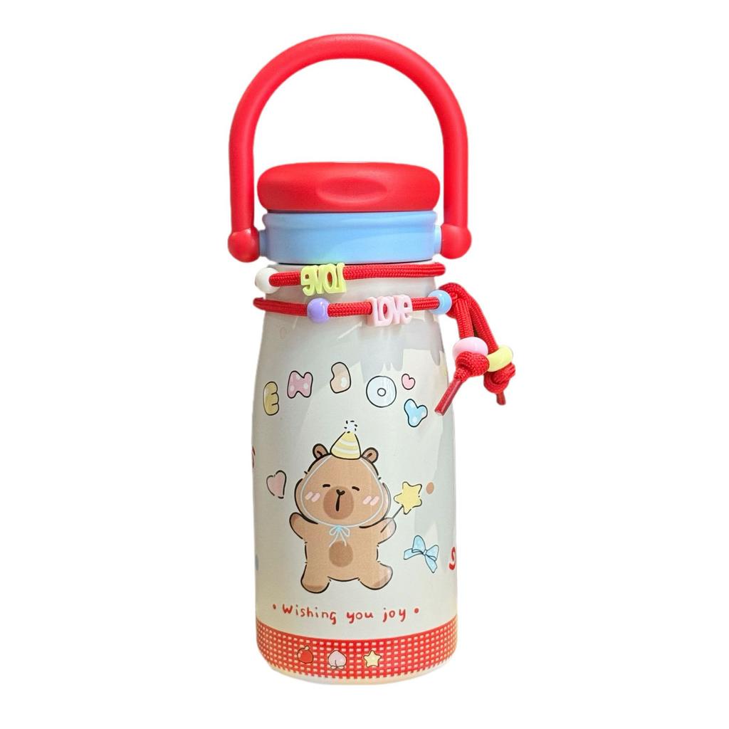 Large Capacity High Value Cartoon Thermos Cup, Girls Portable Double Drink Straw Kettle, Student Strap Cup