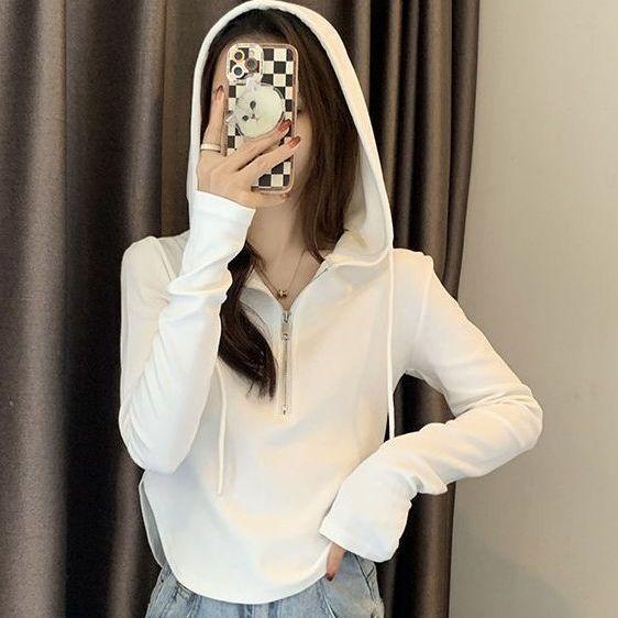 Women s Spring Autumn Hooded Half-Zip Long Sleeve Ribbed Slim Fit Top 90 белый