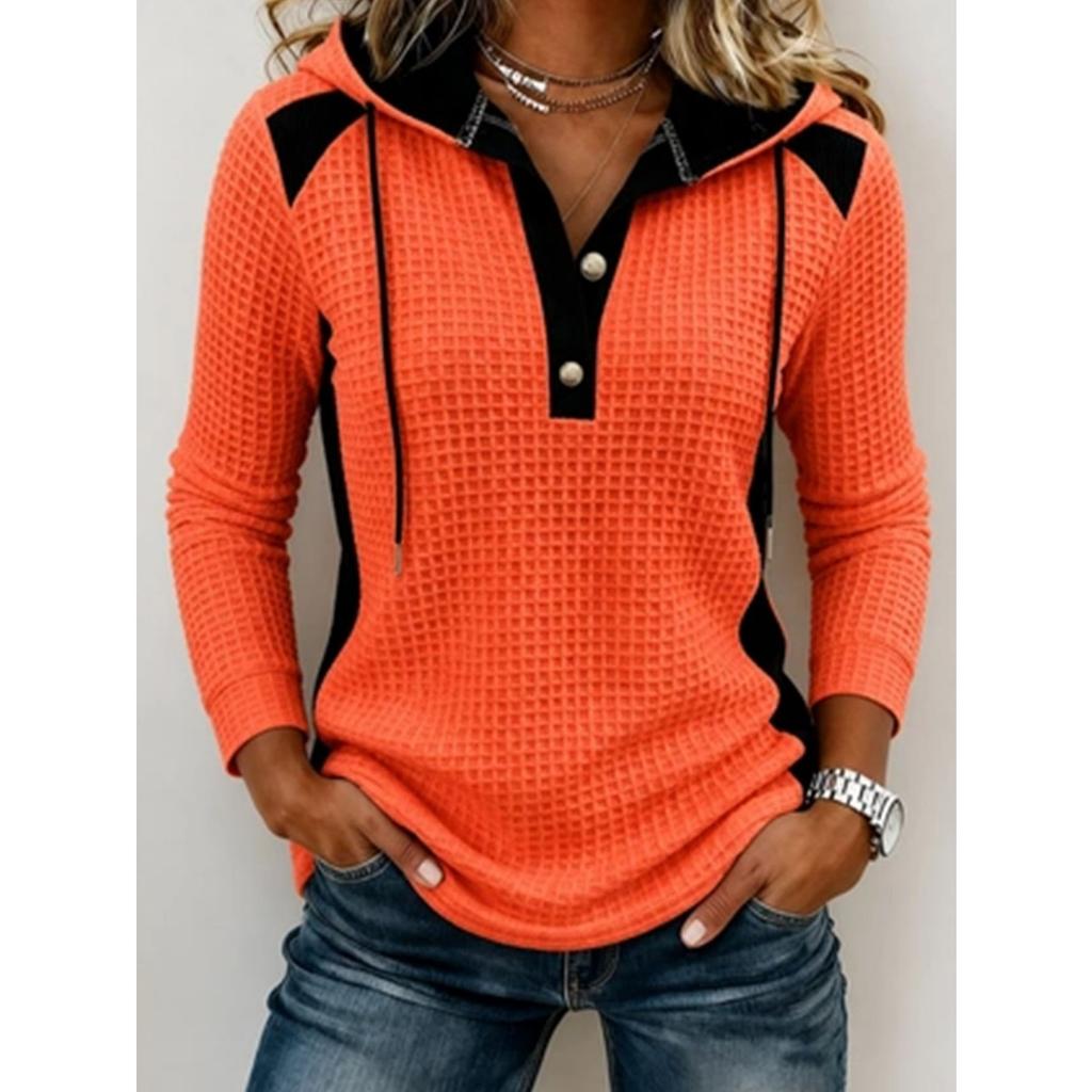 Women's Fashion Casual Waffle Knit Patchwork Hoodie, Anu Self-developed European American Style Sweatshirt for Women