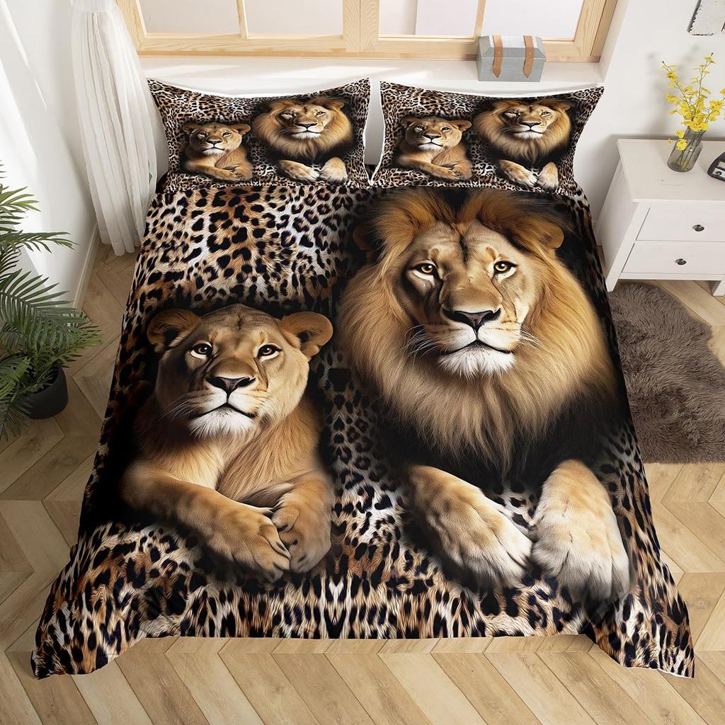 Löwe Bettwäsche Set Wildes Löwenpaar Druck Bettwäsche Set Für Teenager 3D Tier Motiv Bettbezüge Afrikanische Tierwelt Deckenbezug
