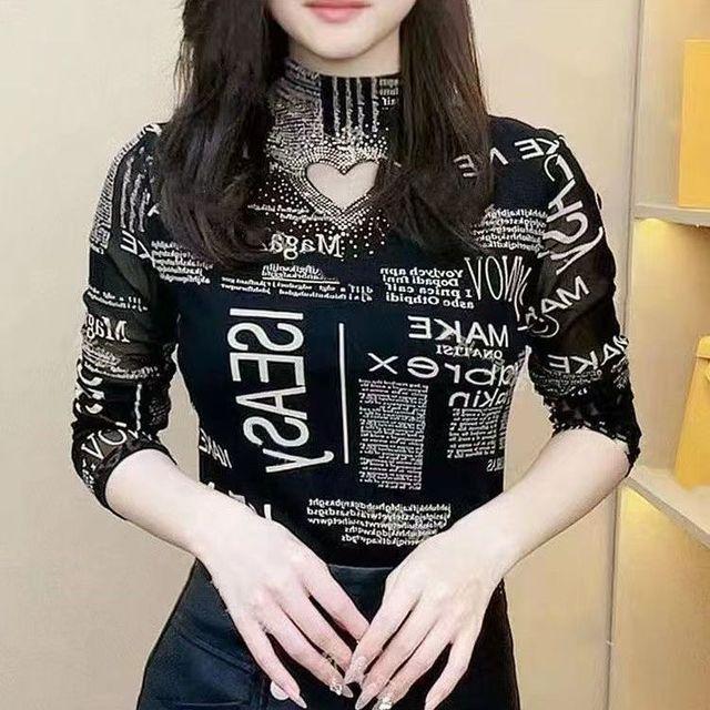 

Сетчатая майка-основа Весна Осень Ажурный приталенный топ Женская новая мода Футболка с длинным рукавом M-5XL M чёрный