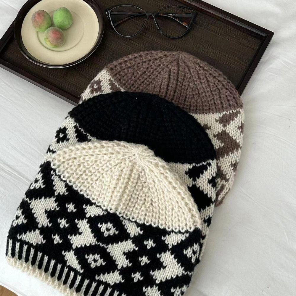 Grid Jacquard Knitted Hat Warm Printing Knit Cap Casual Beanies Apparel Accessories