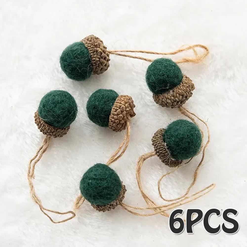 New Year 2023 6pcs Xmas Tree Ornament Wool Felt Pine Tower Ball Pine Cone Acorn String DIY Material Pendant Christmas Decor Home