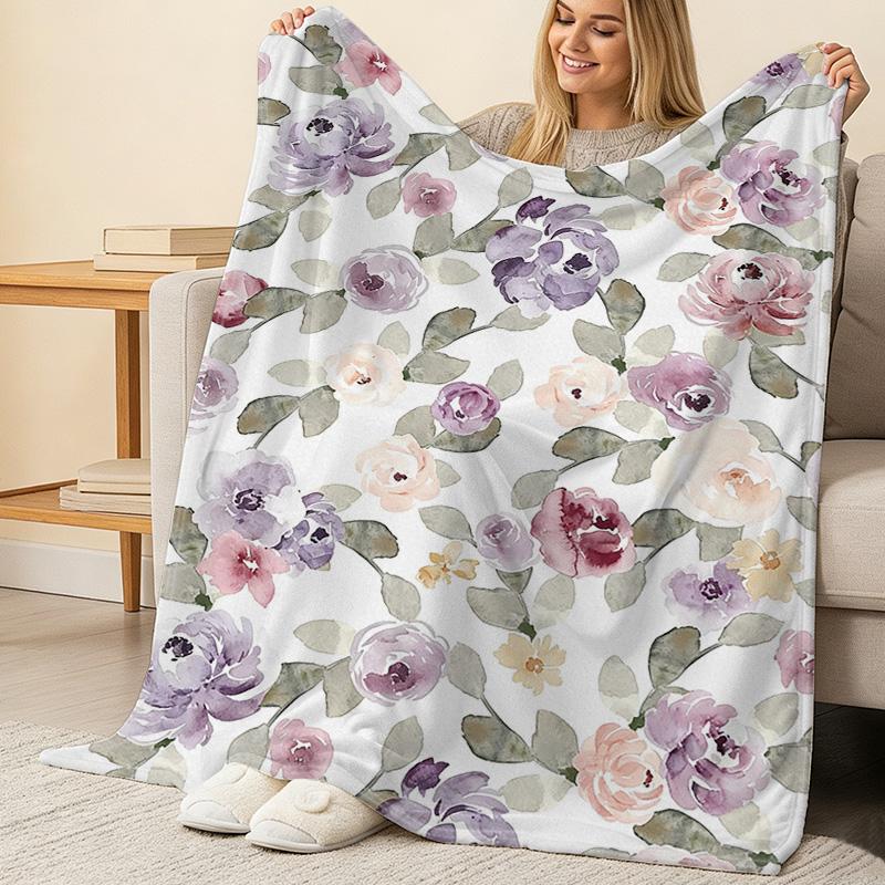 Non-Shedding Flannel Fleece Throw Blanket, Soft Cozy Watercolor Floral, Warm Home Blanket for Halloween Christmas, Couch Movie Nights
