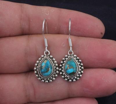 Solid 925 Sterling Silver Blue Copper Turquoise Gemstone Earring, Gift For Her, Statement Earring