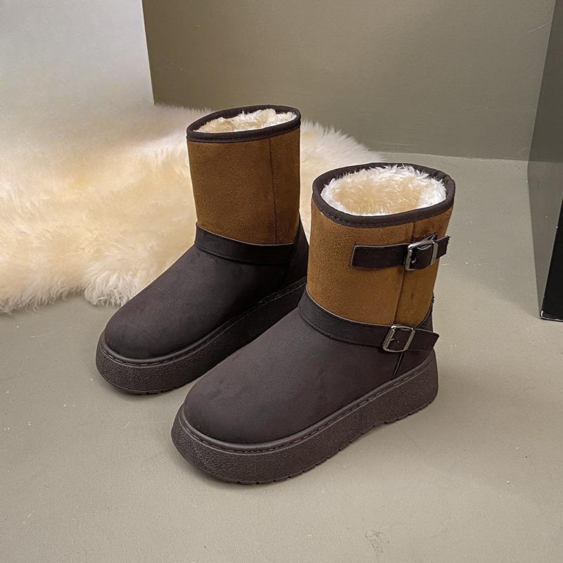 

Модные ботинки на платформе из хлопка, женские модные ботинки с круглым носком, замшевые, с металлическими пряжками, мягкой подошвой, нескользящие, средней высоты 42 темно-коричневого