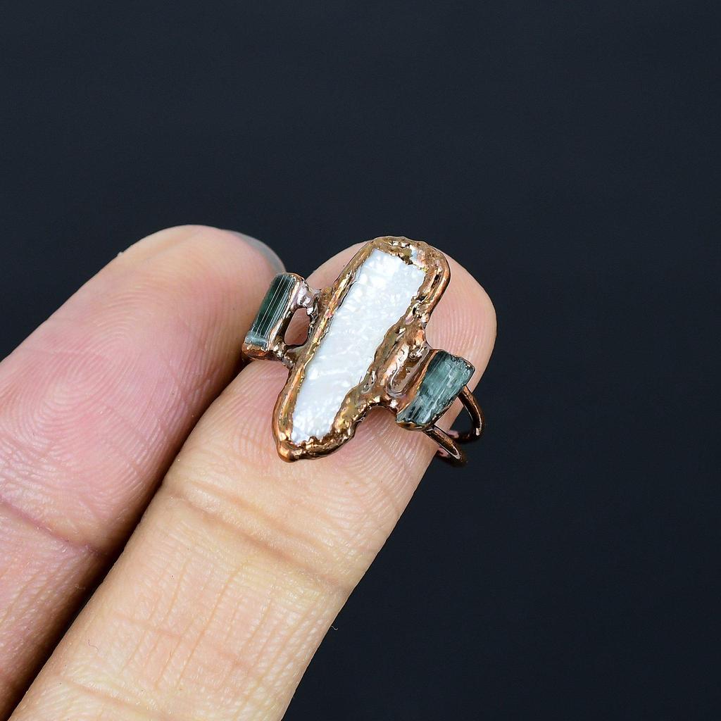 Mother Of Pearl Handmade Gemstone Ring, Copper Electroformed Ring Antique Jewelry, Adjustable Ring Engagement Gift