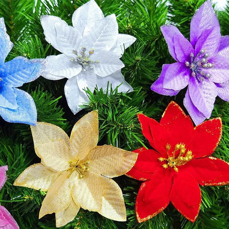10/50 Stück Künstliche Weihnachtsblumen Mehrfarbig Rot Glitzernde Kunstblume für Weihnachtsbaumschmuck Neujahrsparty Heimdekorationen