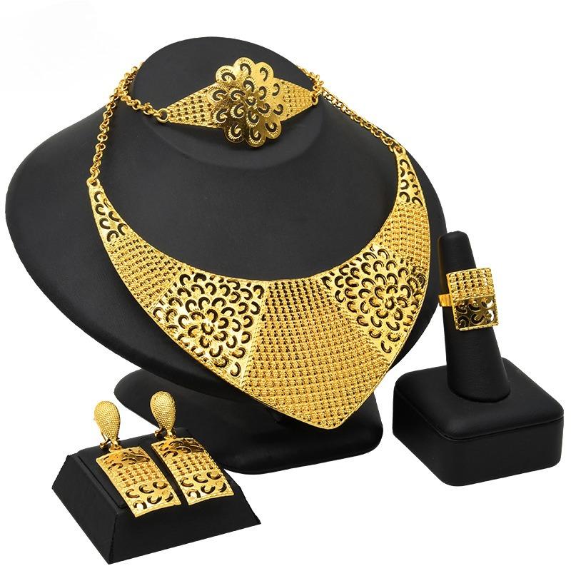 2026 Nigeria Dubai 24K Gold Jewelry Set Bridal Necklace Bracelet Earrings Ring Four-piece Set