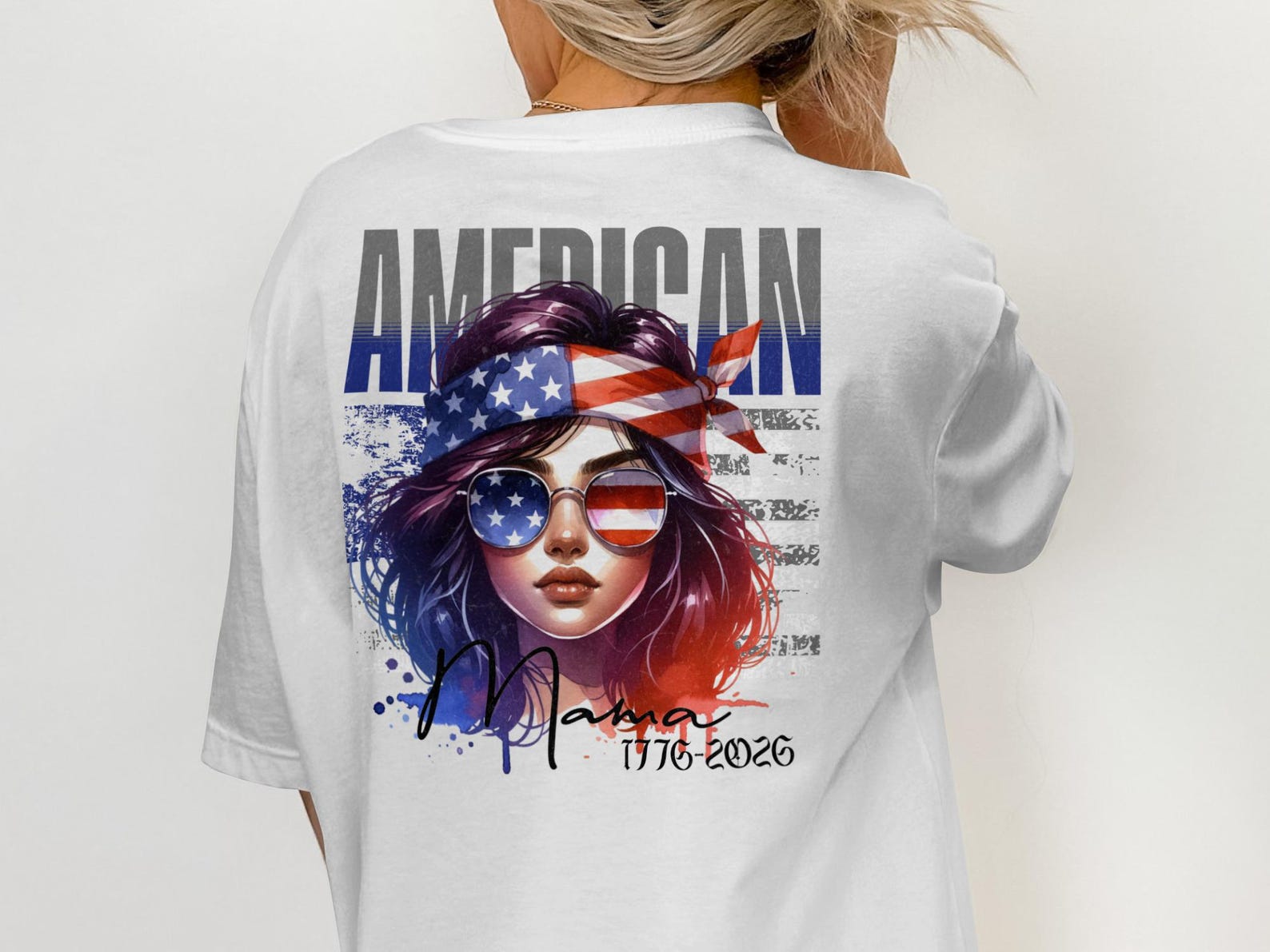 American Mama T-Shirt, Patriotic Woman, USA Flag Bandana Art, Watercolor Style Tee S