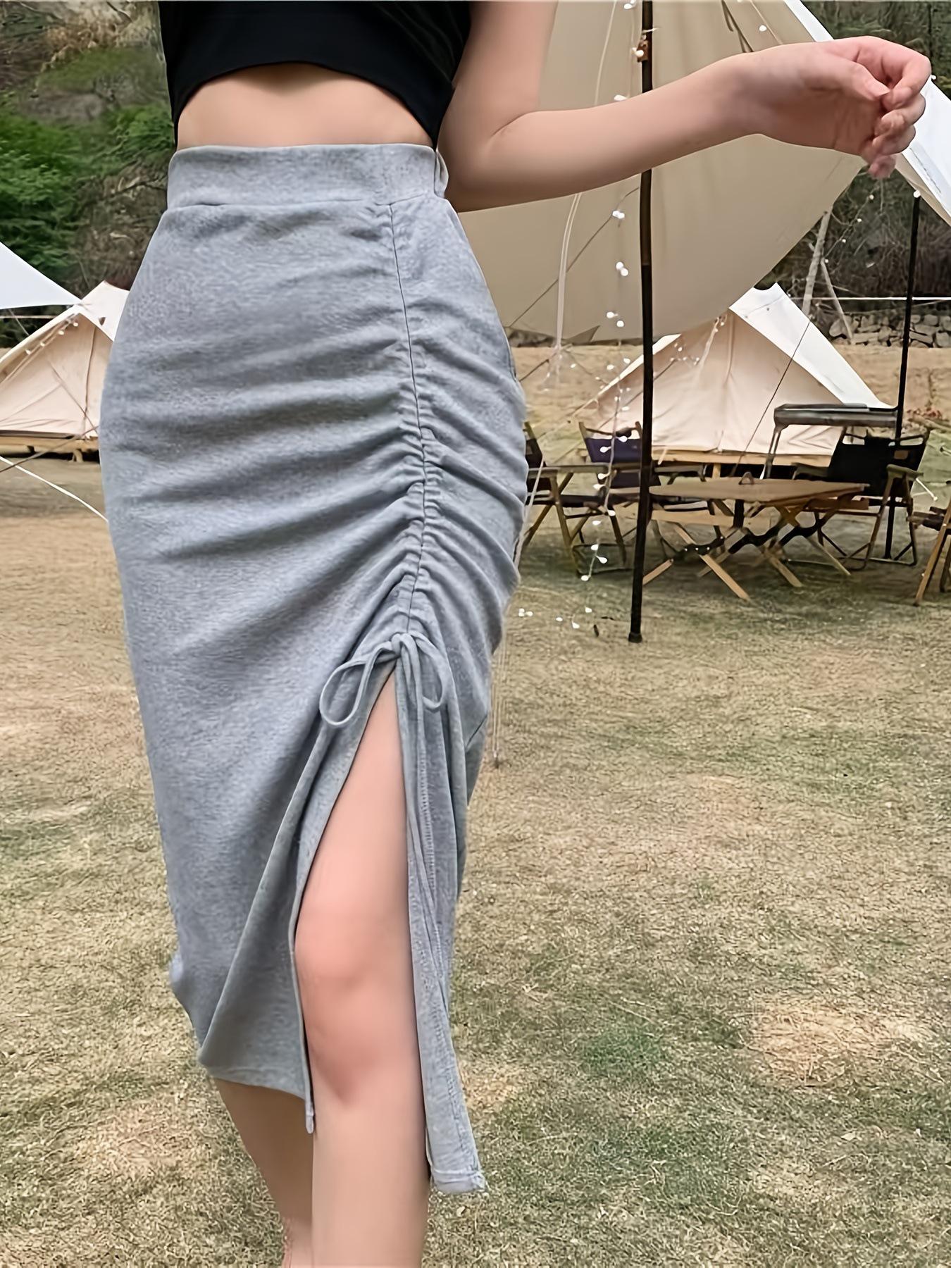 

Women s Solid Color Drawstring Pleated Slit Skirt - European & American Style Small серый