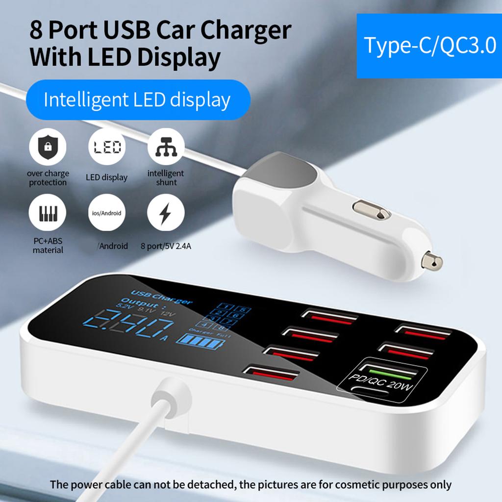 A9S+ 8 Port Car Charger with LED Display Type C QC3.0 Quick Charging Intelligent Portable Safe Vehicle Charger Station