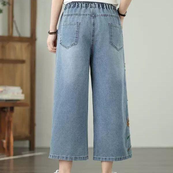 Artistic Retro Heavy Industry Embroidered Cowboy Wide Leg Pants Summer New Style Elastic Waist Versatile Light Blue Nine Cent Pants for Women