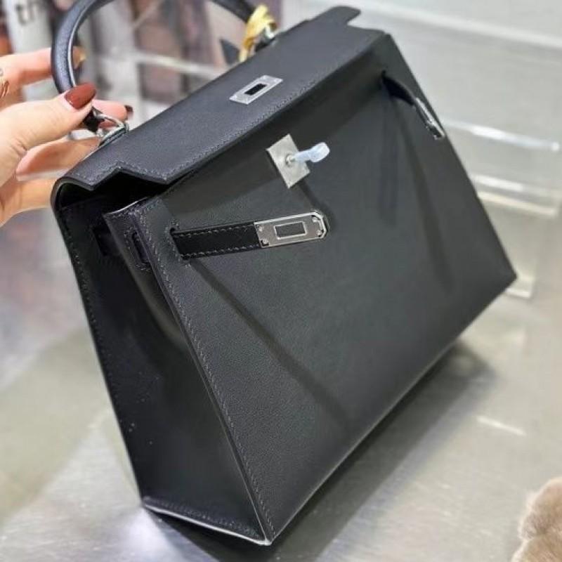 Yi Jinyuan 2022 Mousse Cowhide Handbag Mini One-shoulder Cross-slung Silver Buckle Kelli Bag Palm Pattern Second Generation