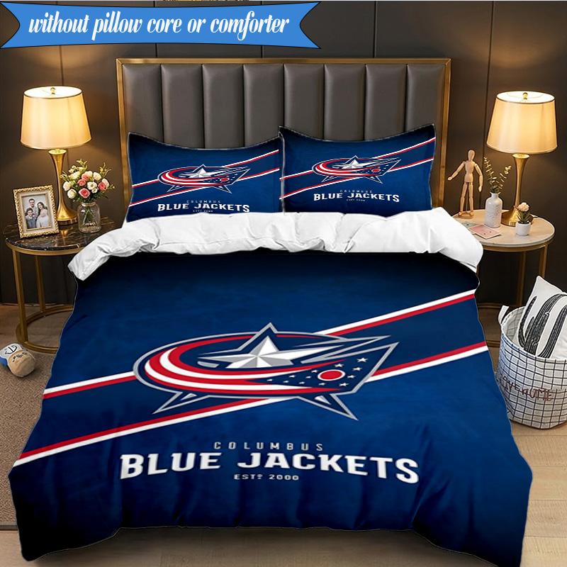 3PCS Columbus Blue Jackets Logo Bedding Set,Including 1pc Duvet Cover And 2pcs Pillowcases Perfect for Bedroom, Dormitory, Fan Christmas Gift