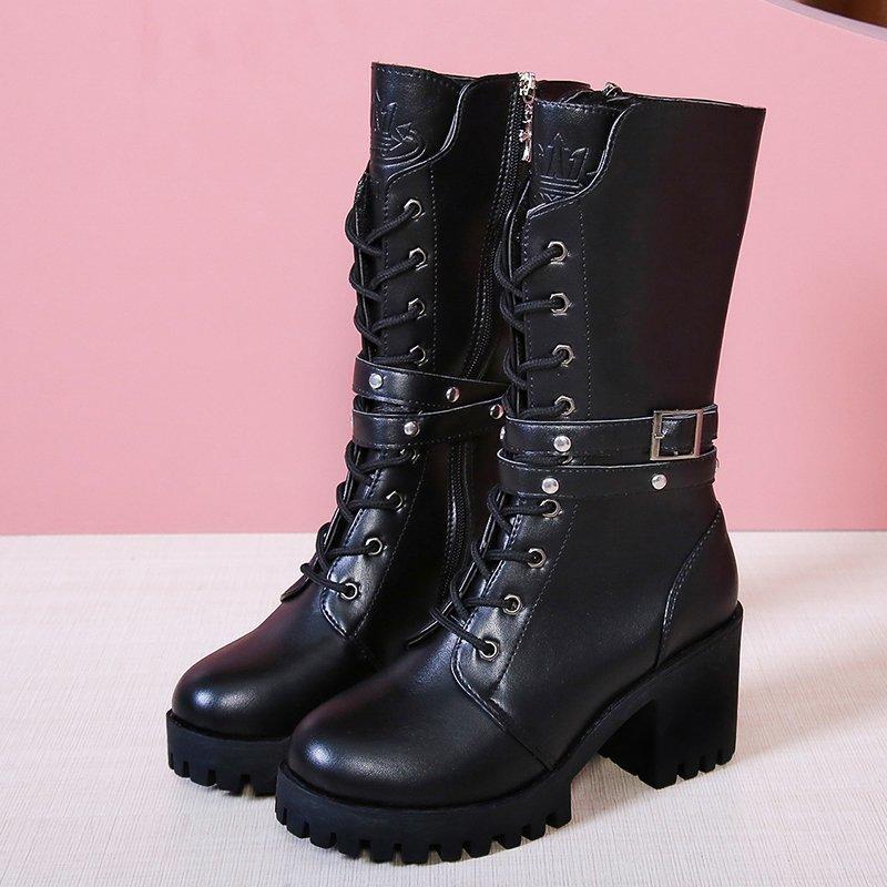 Jesienne/zimowe modne buty z klamrą na szpilce, ozdobne, kwadratowe, seksowne, nowe, damskie, wygodne, zapinane na zamek błyskawiczny z boku, swobodne, sięgające do połowy łydki buty