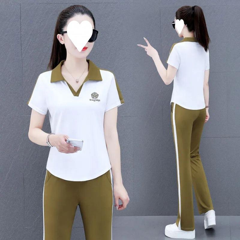 Casual Sportswear Suit for Women, Summer Style, Age-reducing Short-sleeved Sweatshirt, Straight Pants Two-piece Set