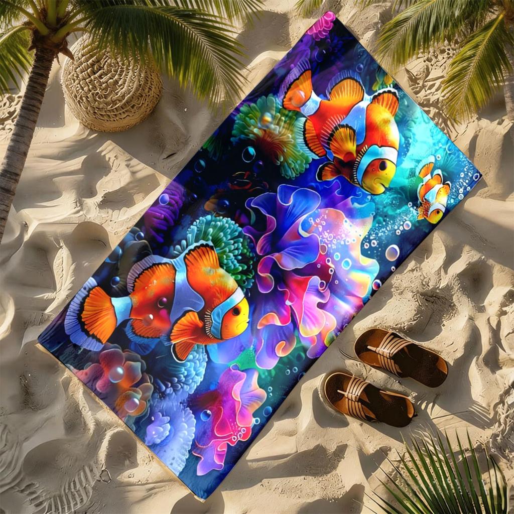 Watercolor Clownfish and Coral Reefs polyester microfiber beach towel is highly absorbent, suitable swimming and beach outings